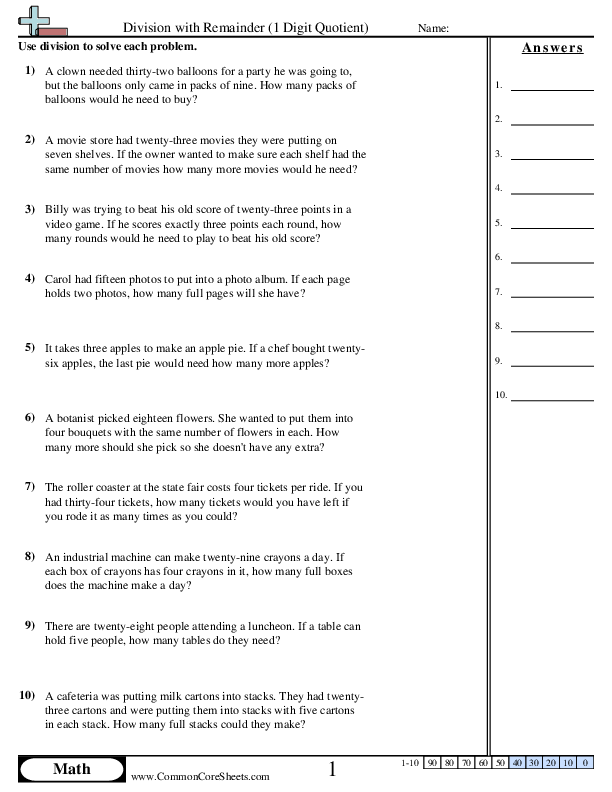 1 Digit Quotient (with remainder) worksheet